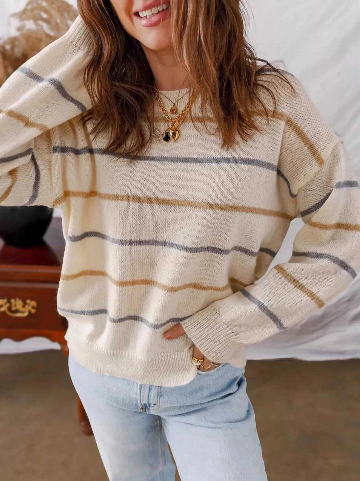 Striped Round Neck Drop Shoulder Sweater 100100236588407 34 Affordable Fashion Under $100 Jerry's Apparel 