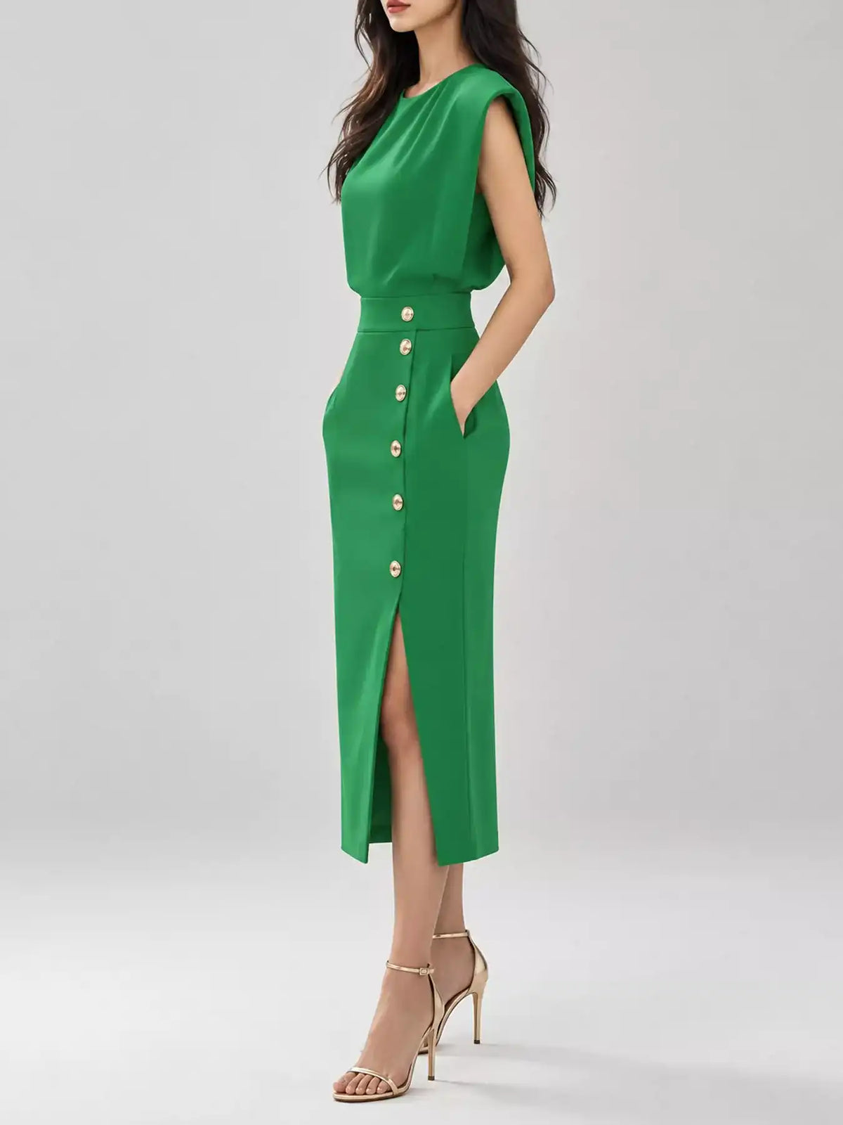 Sleeveless Midi Dress with Gold Button Detail and Side Slit 101001590890082 42 Affordable Fashion Under $100 Jerry's Apparel 
