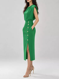Sleeveless Midi Dress with Gold Button Detail and Side Slit 101001590890082 42 Affordable Fashion Under $100 Jerry's Apparel 