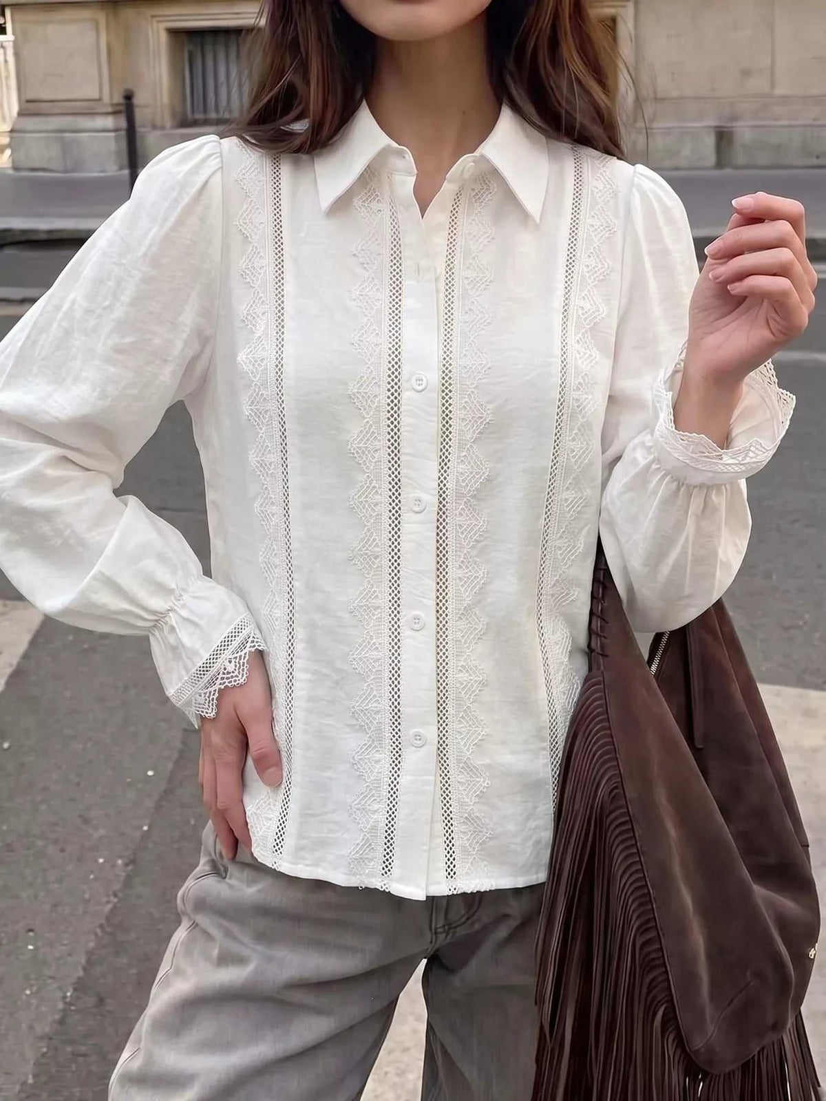Lace-Trimmed Button-Down Shirt 101001213081303 50 Jerry's Apparel 