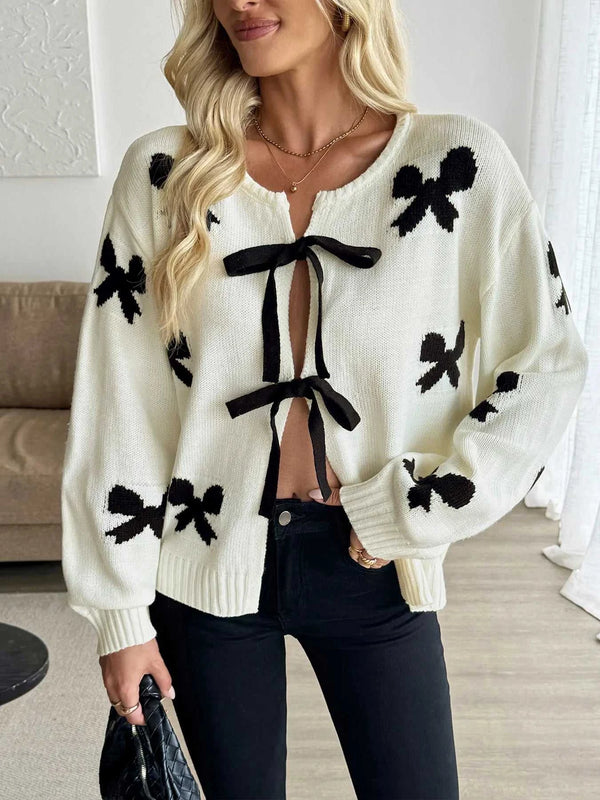 Bow Print Tie-Front Cardigan 100100884322389 60 Women's Sweaters and Knitwear Jerry's Apparel 