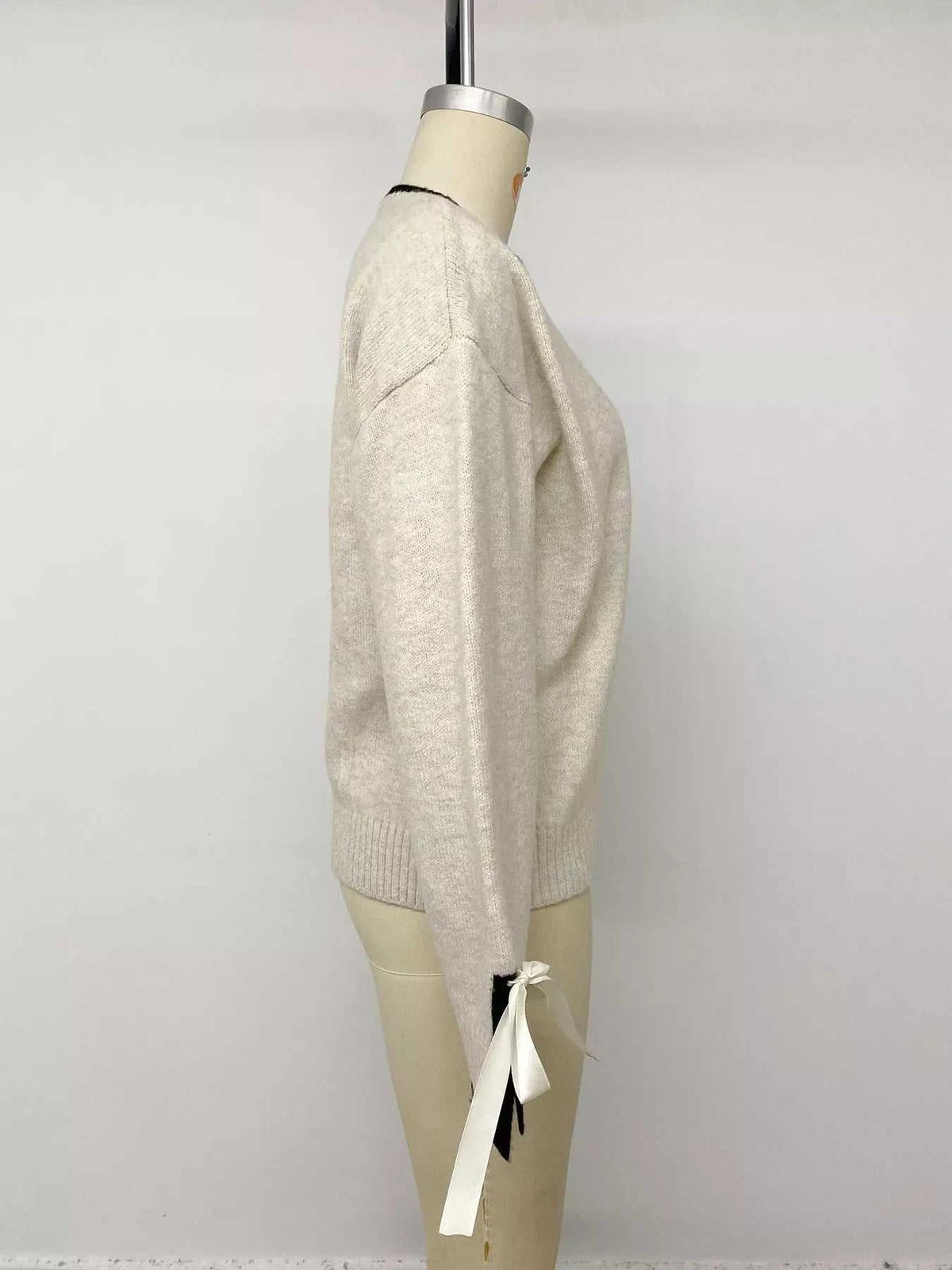 Contrast Trim Ribbed Cuff Tie-Sleeve Sweater 100100782496219 43 Women's Sweaters and Knitwear Jerry's Apparel 