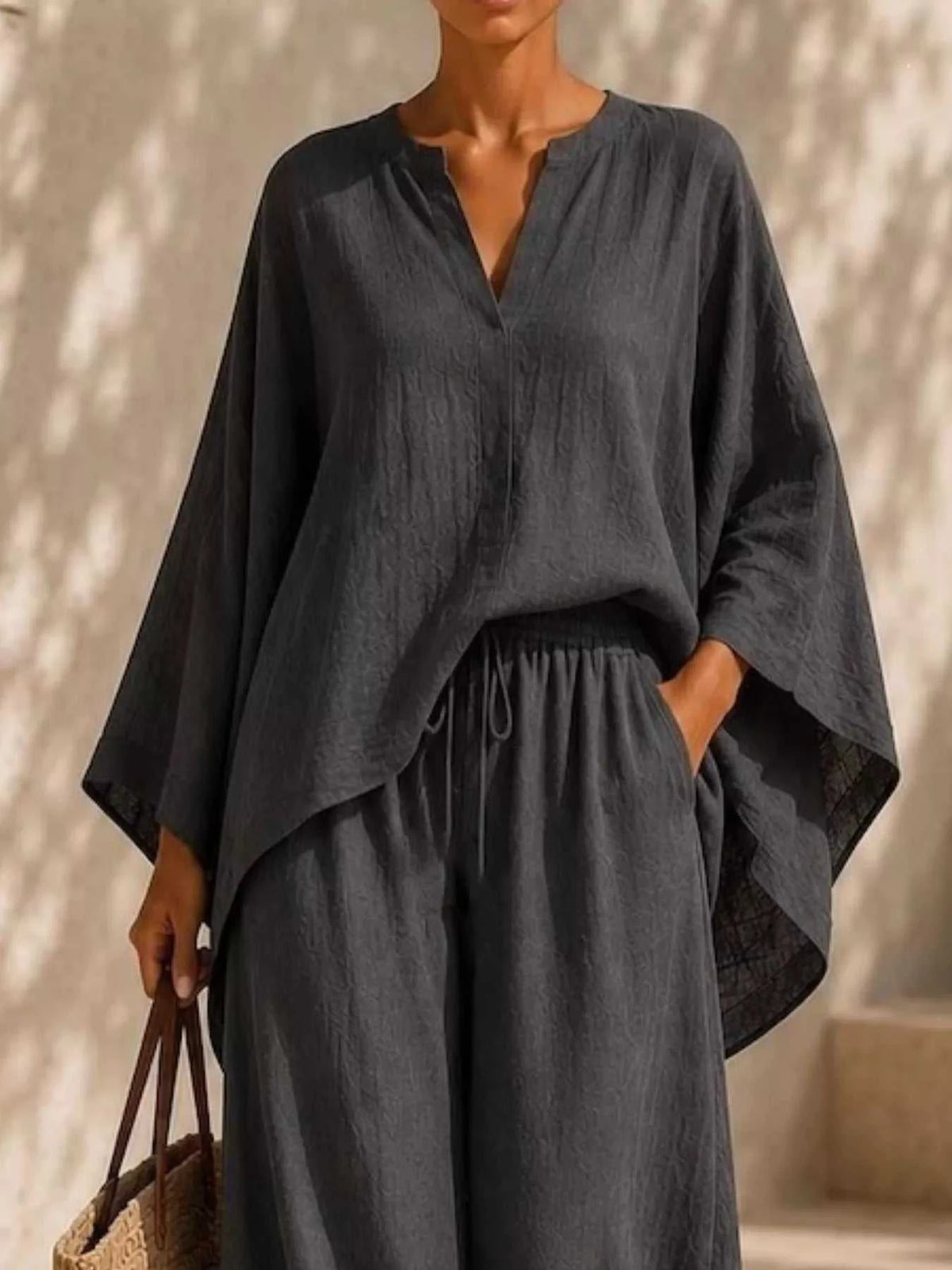 Full Size Notched Long Sleeve Top and Wide-Leg Pants Set Plus Size 100100051091822 45 Affordable Fashion Under $100 Jerry's Apparel 