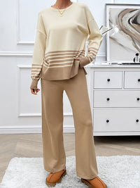 Devine Slit Striped Round Neck Top and Pants Sweater Set