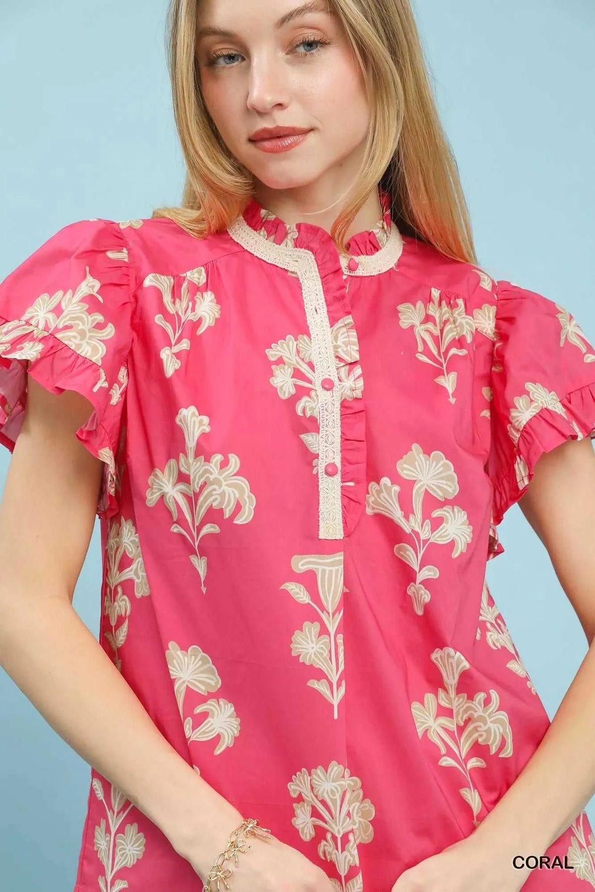Umgee Floral Ruffle Sleeve Split-Neck Top 100100538031783 47 Affordable Fashion Under $100 Jerry's Apparel 