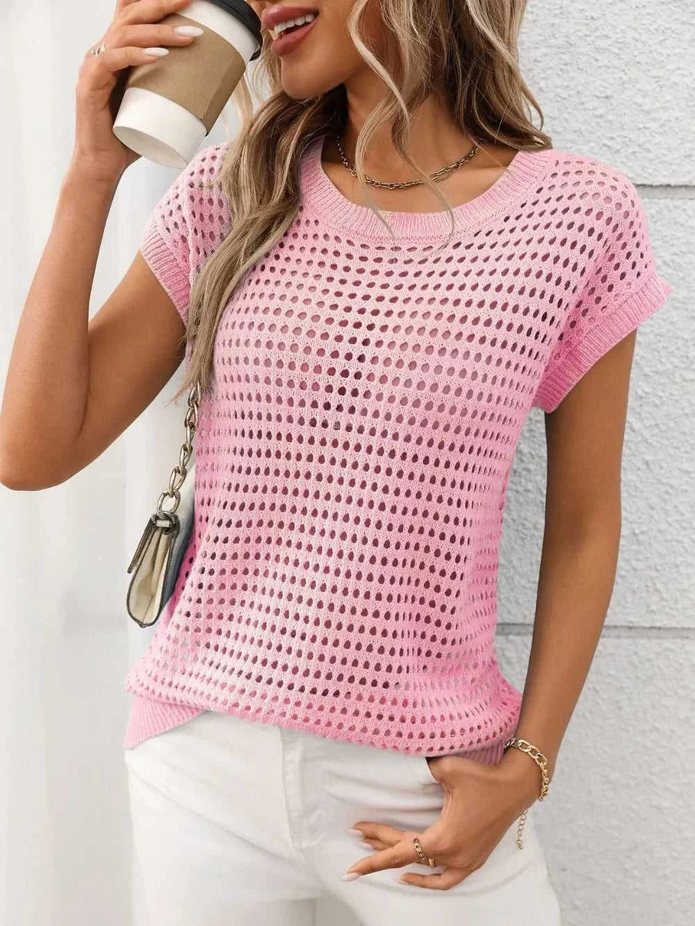 Openwork Round Neck Short Sleeve Knit Cover Up 100100244781953 22 Affordable Fashion Under $100 Jerry's Apparel 