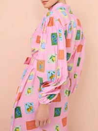 Printed Button Front Long Sleeve Shirt Dress