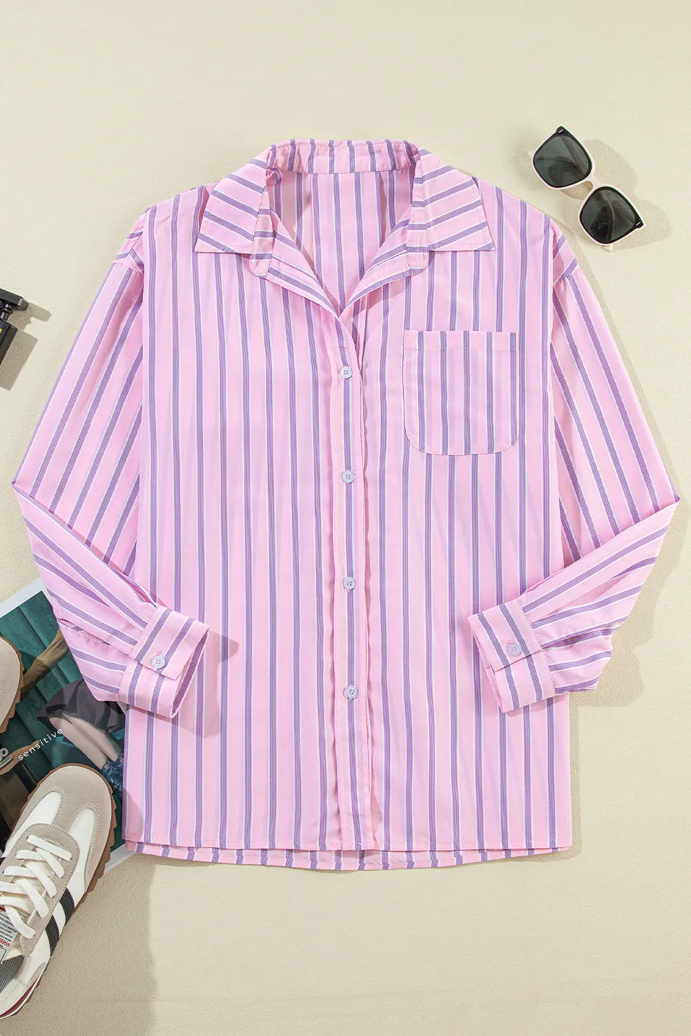 Striped Collared Neck Long Sleeve Shirt