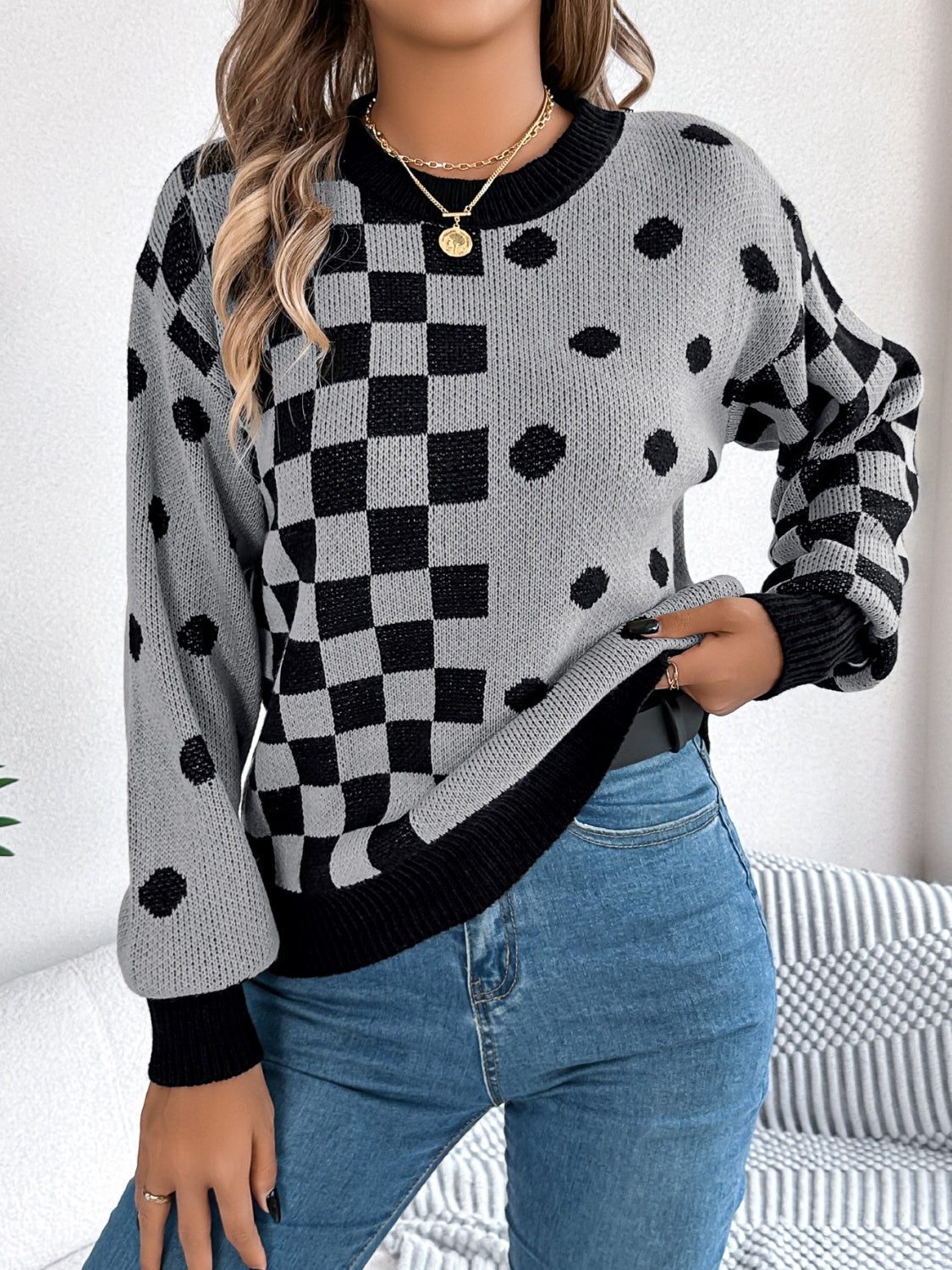 Plaid Round Neck Long Sleeve Sweater