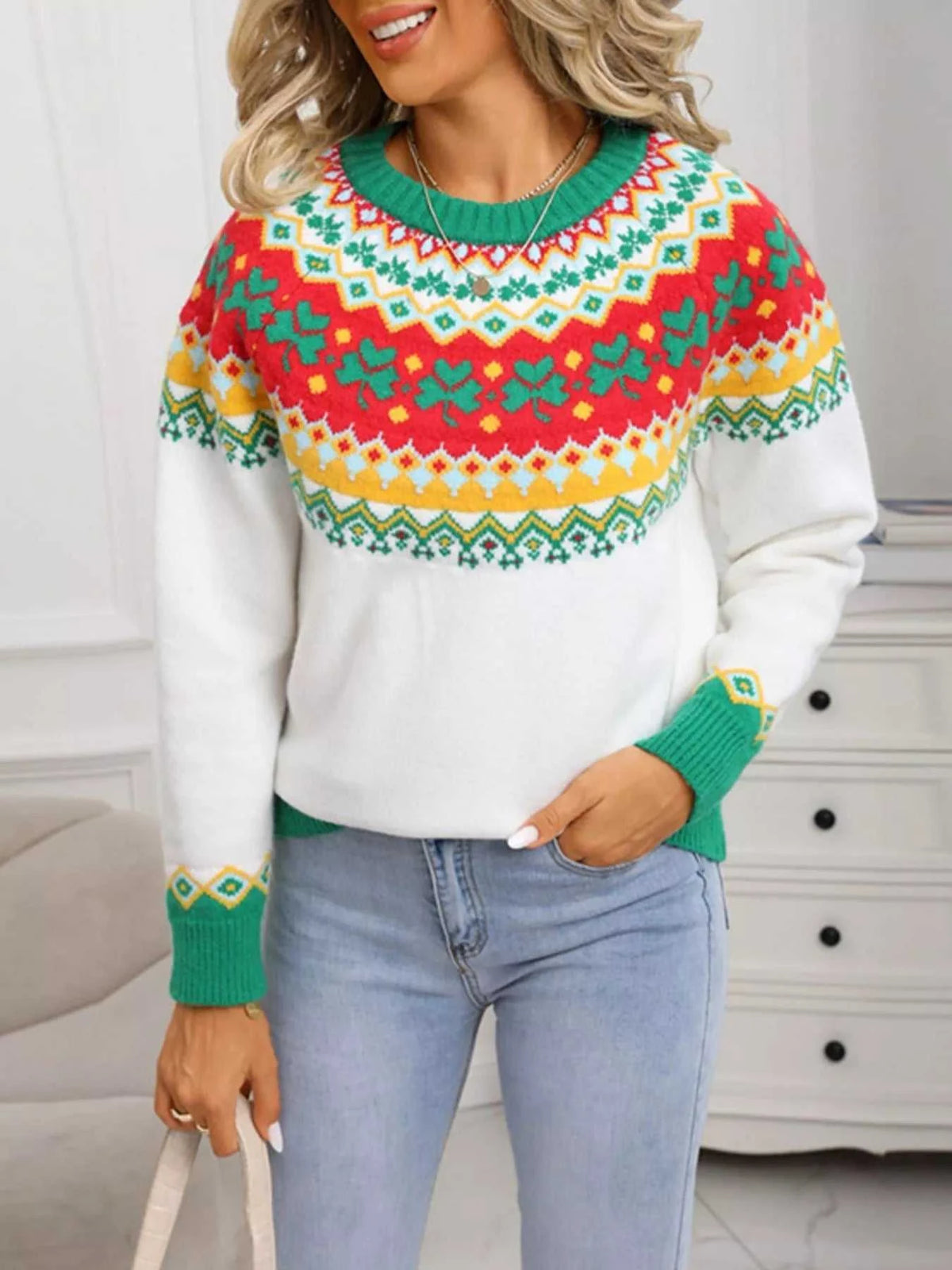 Clover Pattern Round Neck Knitted Sweater 100100324536502 52 Affordable Fashion Under $100 Jerry's Apparel 