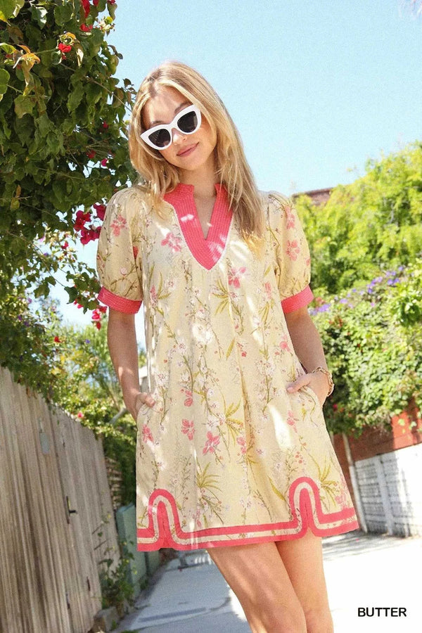 Umgee Floral Puff Sleeve Dress with Contrast Trim 100100153901822 62 Gifts for Her Jerry's Apparel 
