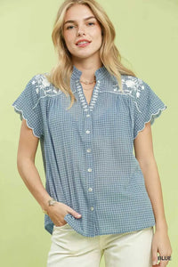 Umgee Embroidered Print Scallop Sleeve Button Front Blouse 100100490251659 51 Affordable Fashion Under $100 Jerry's Apparel 