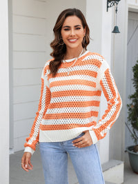 Angel Wings Striped Openwork Round Neck Sweater