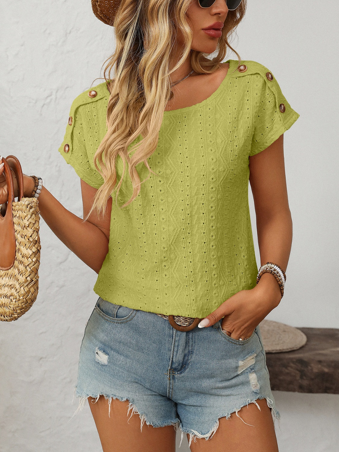 Mandy Eyelet Round Neck Short Sleeve Top