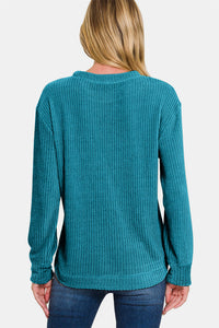 Zenana Chenille Waffle Round Neck Sweater