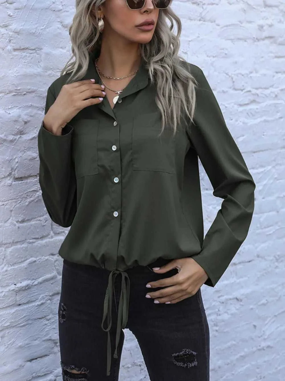 Perfee Tied Hem Button Down Long Sleeve Shirt 100100484971285 33 Affordable Fashion Under $100 Jerry's Apparel 