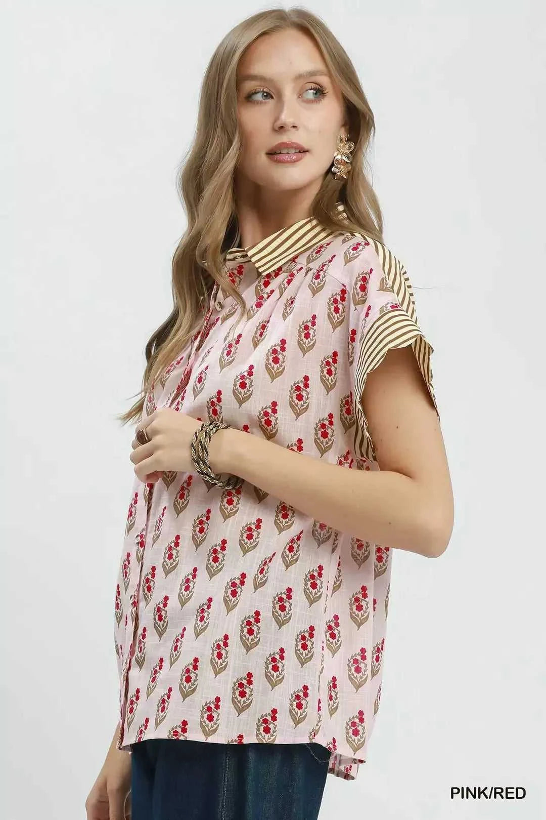 Umgee Block Print Button-Front Shirt with Contrast Stripe Point Collar 100100523571151 47 Affordable Fashion Under $100 Jerry's Apparel 