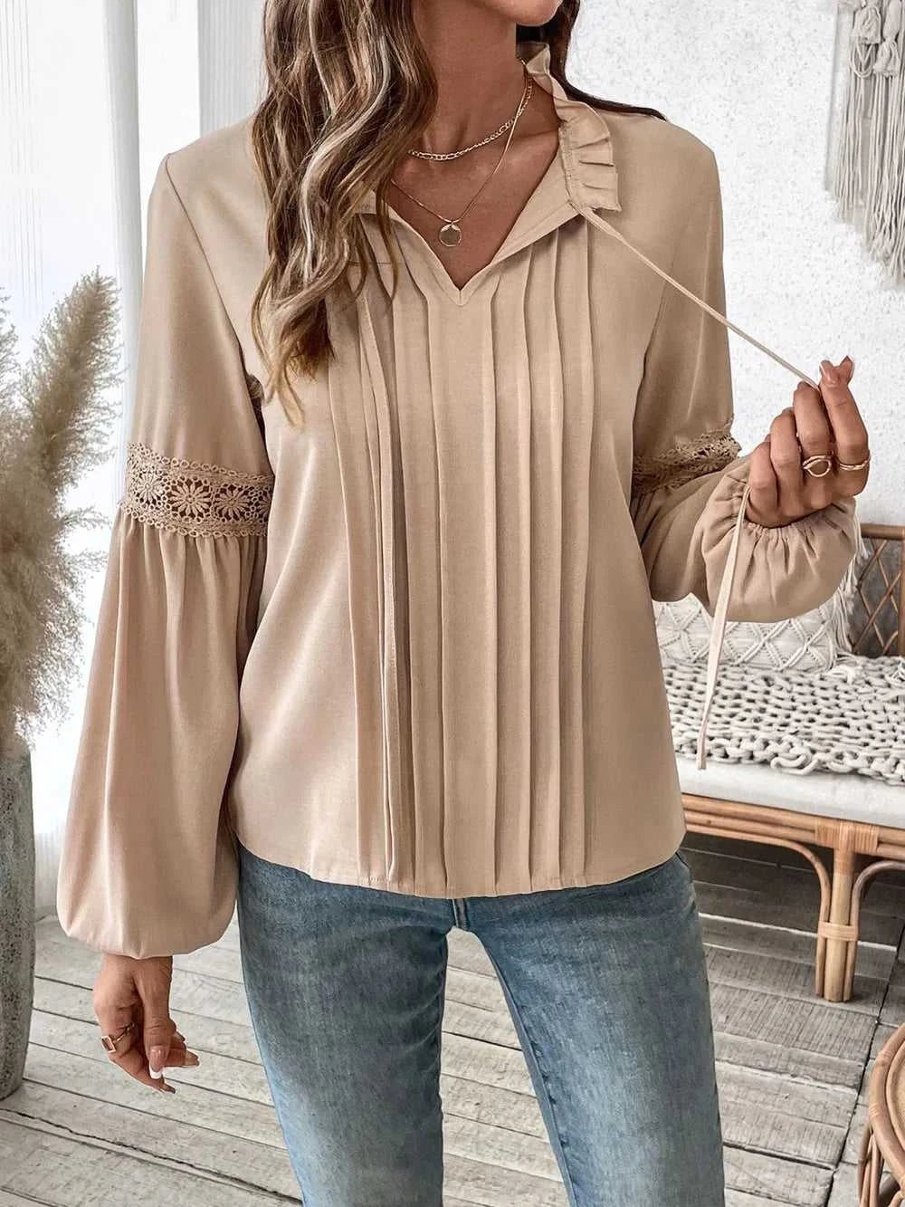 Perfee Frill Tie Neck Long Sleeve Blouse 100100140621598 33 Affordable Fashion Under $100 Jerry's Apparel 