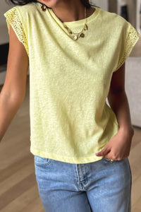 Lace Patchwork Cap Sleeve Round Neck T Shirt