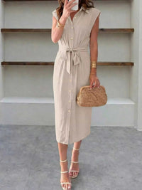 Sleeveless Button-Down Tie Waist Midi Dress 100100610641255 39 Women's Midi Dress Affordable Boutique Dresses Under $50 Jerry's Apparel 