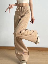 Bow Embroidered Wide Leg Drawstring Casual Pants