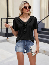 Ruffle Trim V-Neck Casual T-Shirt