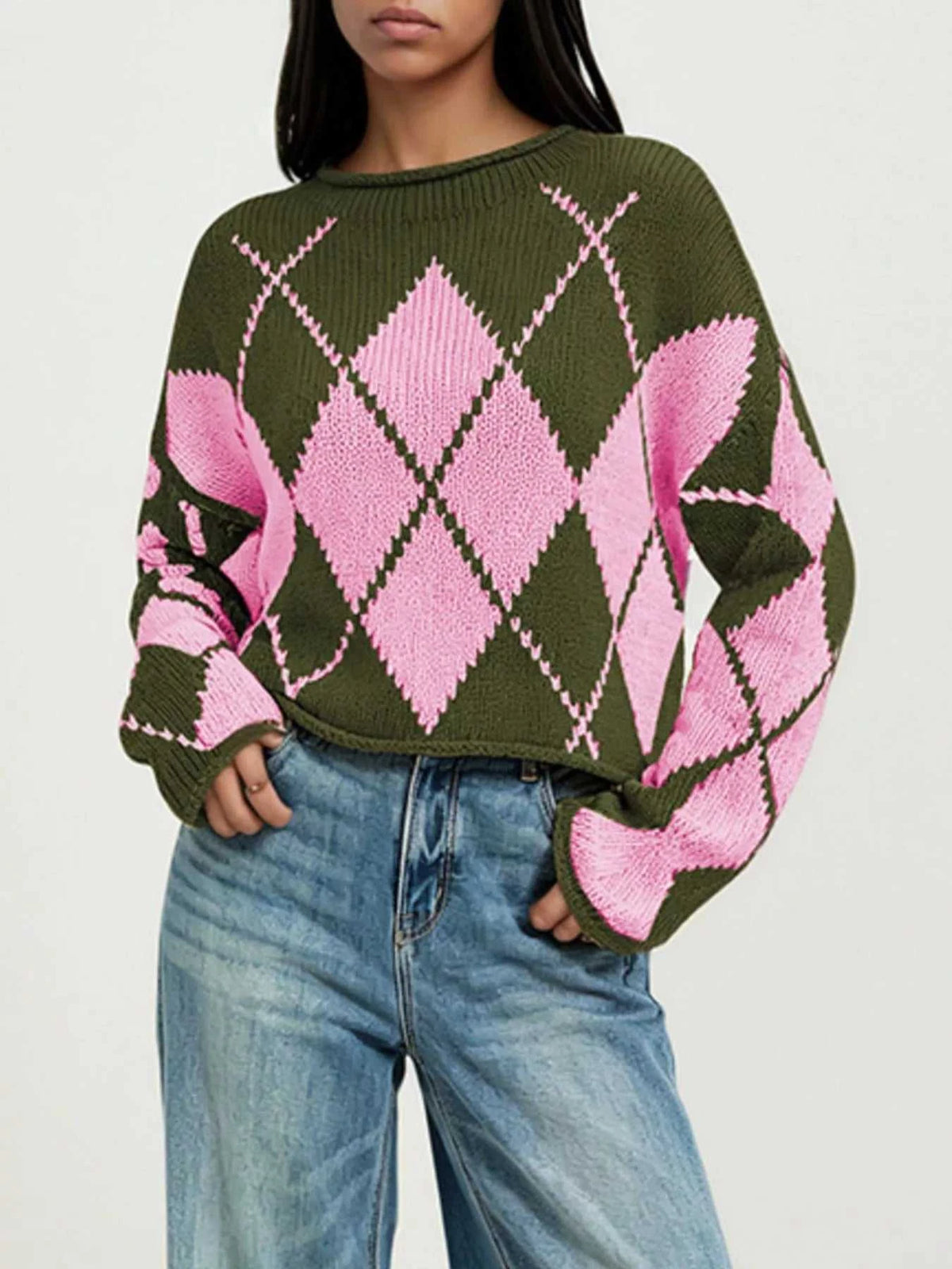 Argyle Pattern Knit Dropped Shoulder Sweater 100100844660276 45 Affordable Fashion Under $100 Jerry's Apparel 