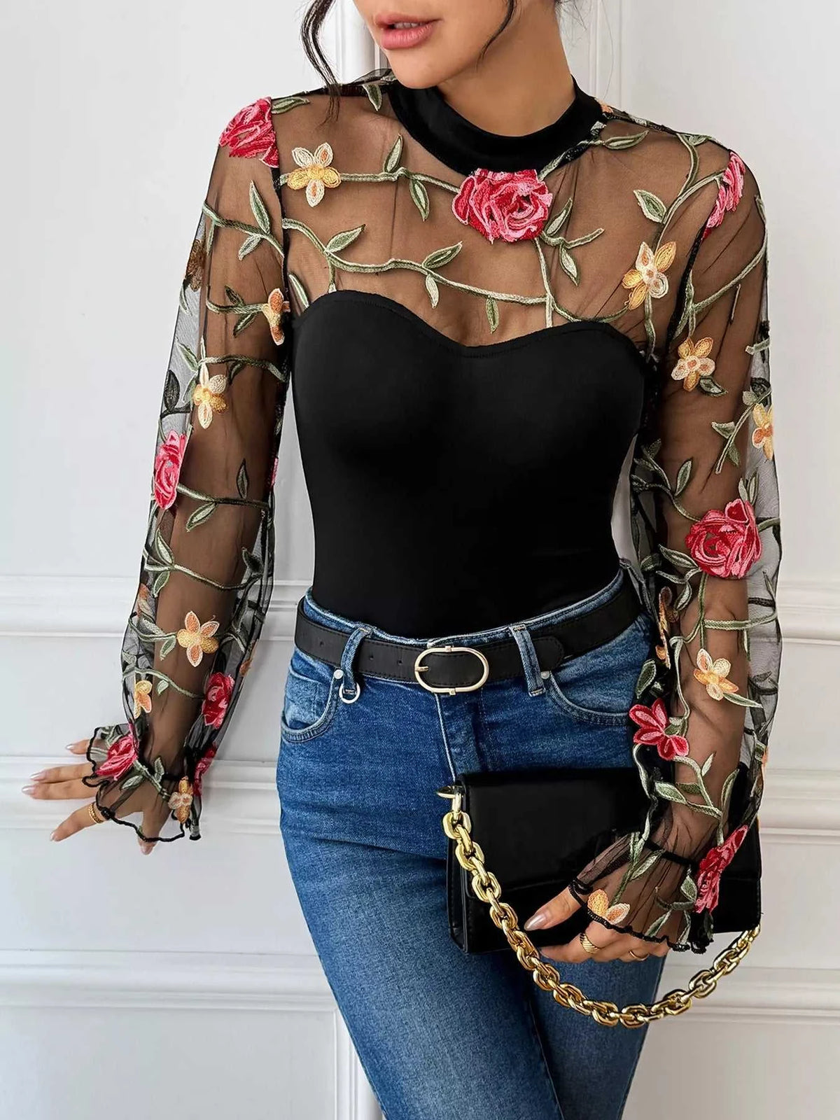 Floral Embroidered Mesh Long Sleeve Bodysuit 100100221400313 35 Affordable Fashion Under $100 Jerry's Apparel 
