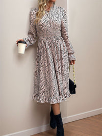 Perfee Ruched Ruffled Leopard Long Sleeve Dress