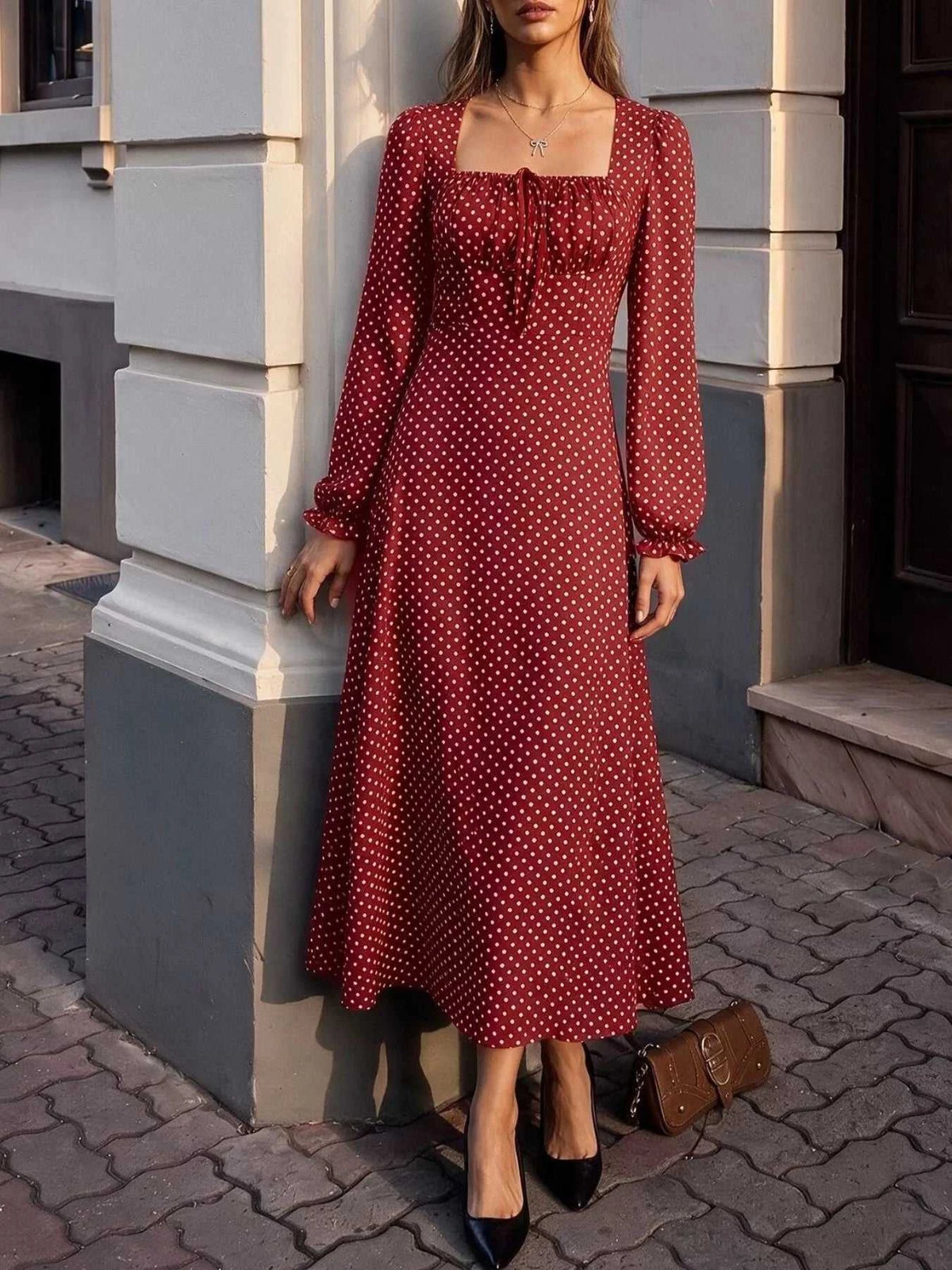 Square Neck Polka Dot Long Sleeve Maxi Dress 101001463928082 48 Affordable Fashion Under $100 Jerry's Apparel 