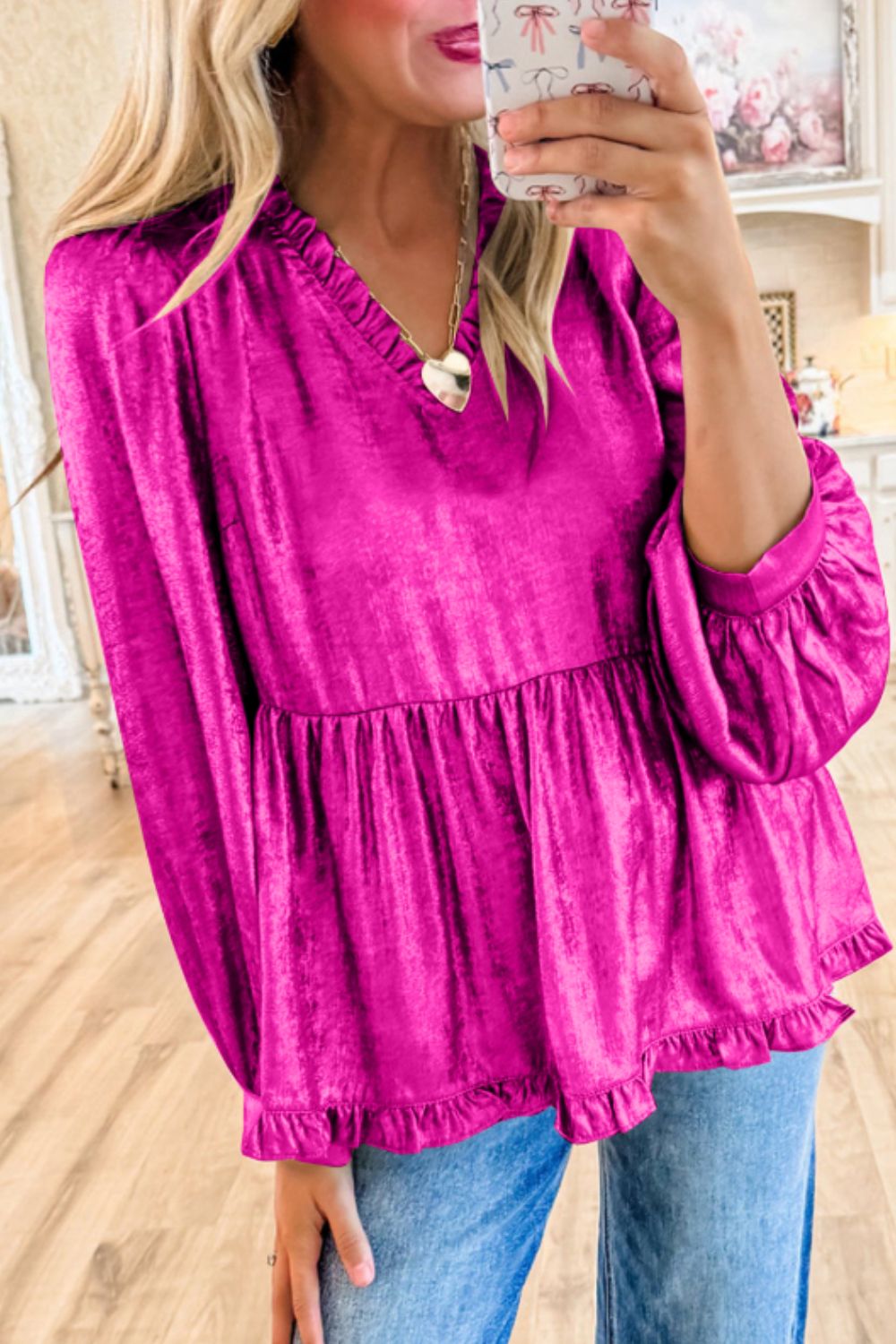 Frill V-Neck Long Sleeve Blouse