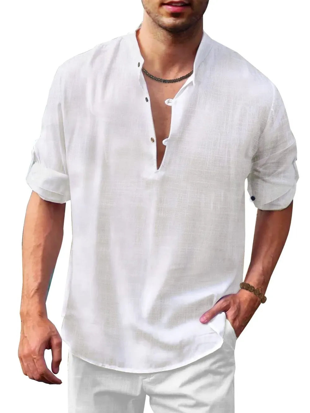 Men's Full Size Button Detail Roll-Tab Sleeve Top Plus Size