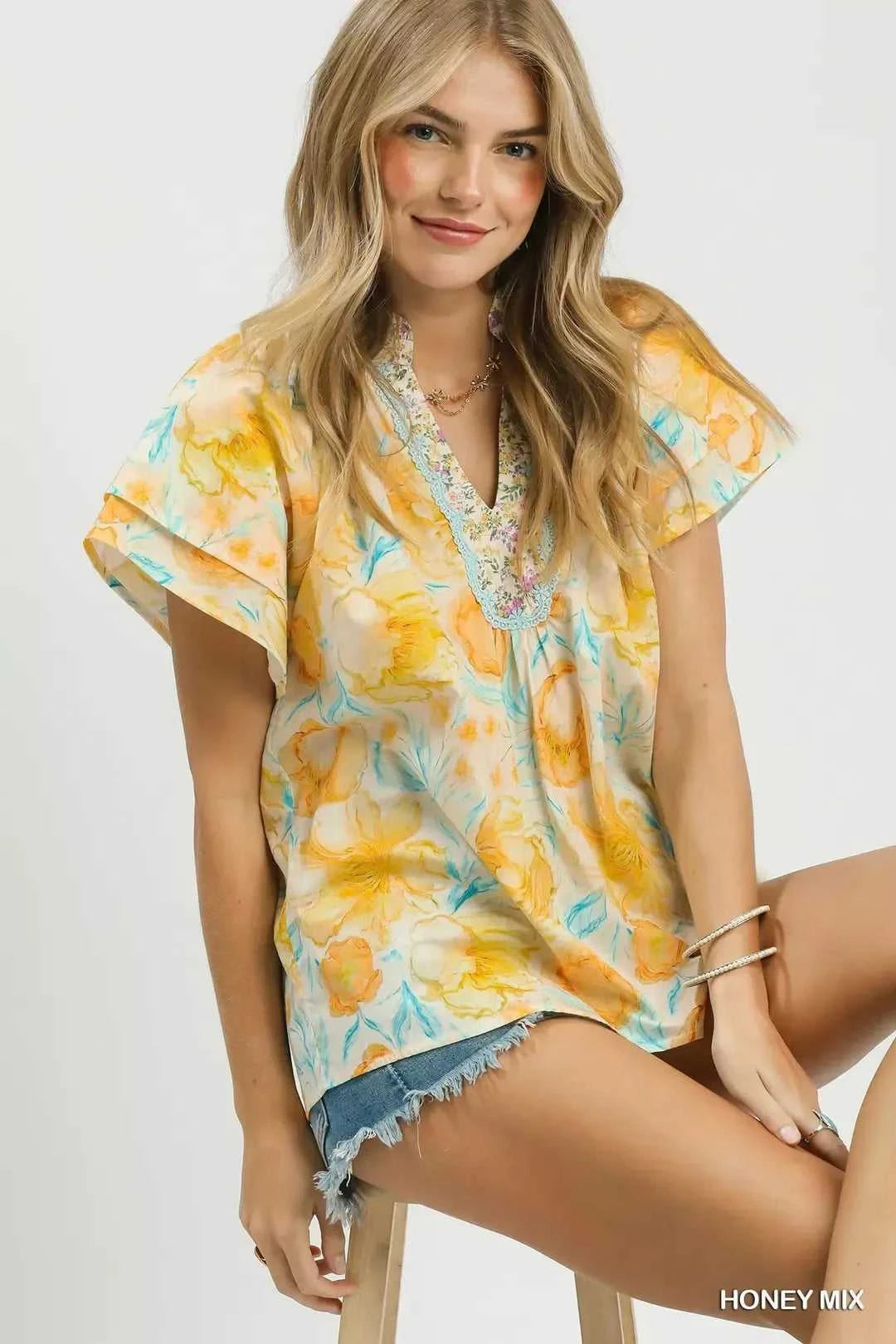 Umgee Mix Floral Print Blouse with Crochet Lace Trim 100100216521467 51 Affordable Fashion Under $100 Jerry's Apparel 