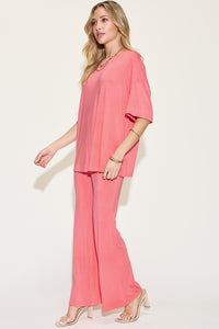 Full Size Bamboo Drop Shoulder T-Shirt and Flare Pants Set