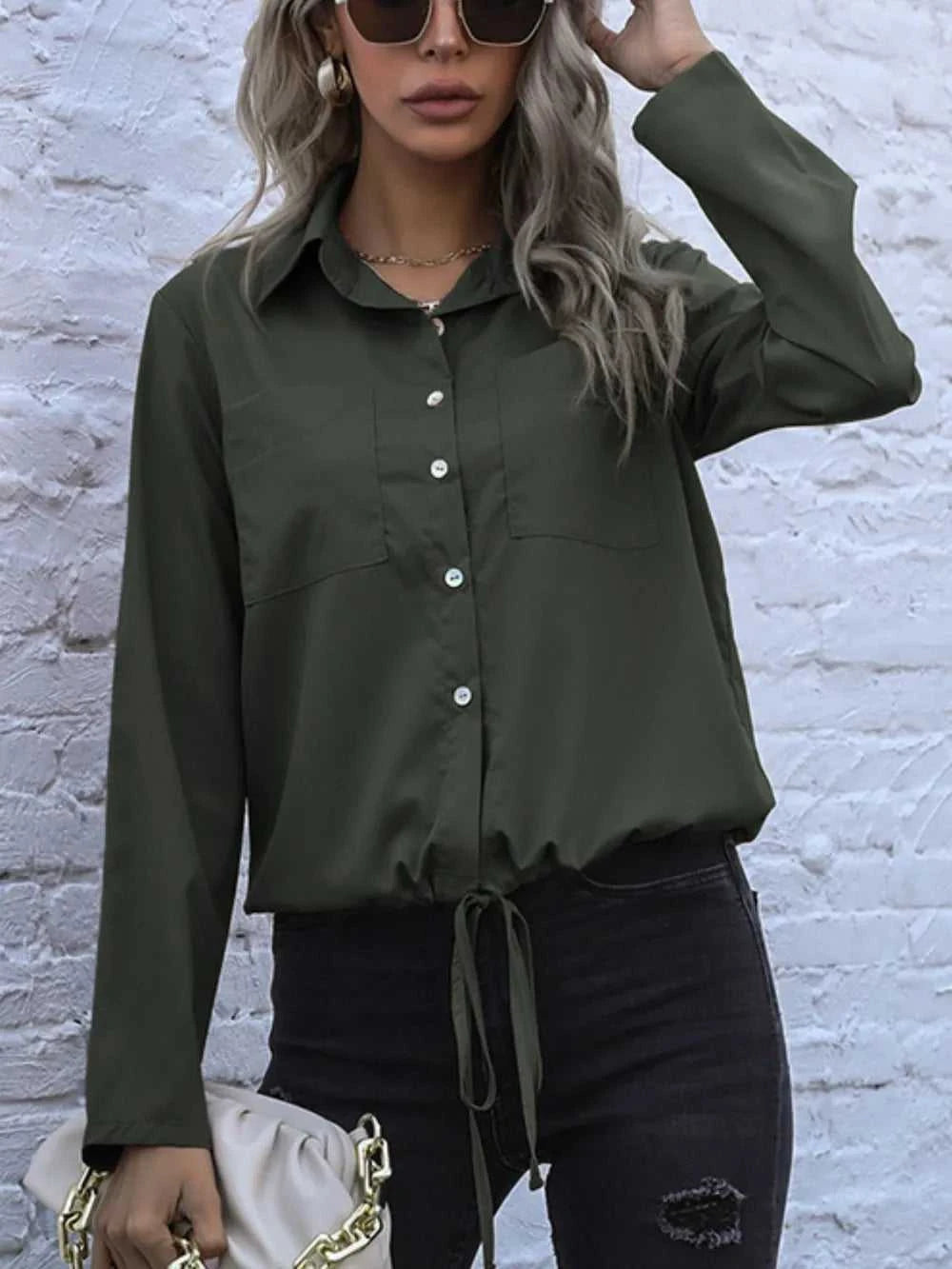 Perfee Tied Hem Button Down Long Sleeve Shirt 100100484971285 33 Affordable Fashion Under $100 Jerry's Apparel 