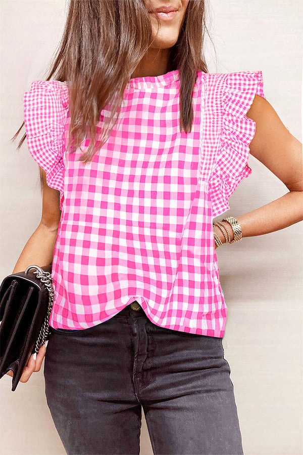 Ruffled Plaid Mock Neck Cap Sleeve Blouse