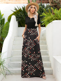 Printed Round Neck Short Sleeve Maxi Dress