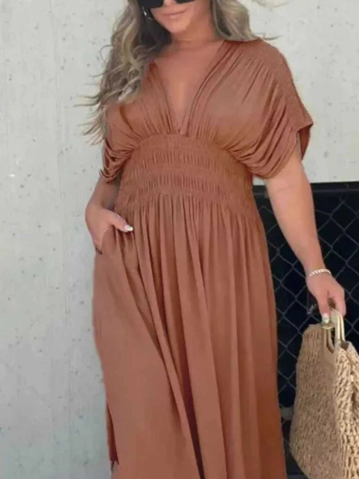 Full Size Slit V-Neck Smocked Waist Maxi Dress Plus Size 100100000480005 59 Gifts for Her Jerry's Apparel 