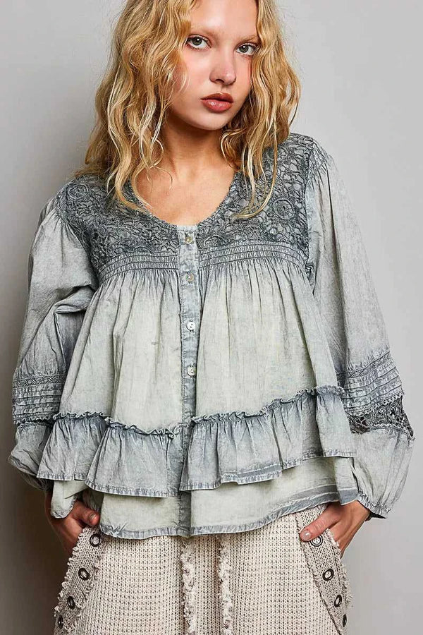 POL Washed Layered Lace Pintuck Flared Woven Blouse 100100275131459 59 Affordable Fashion Under $100 Jerry's Apparel 
