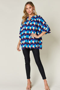 Full Size Geometric Notched Half Sleeve Blouse