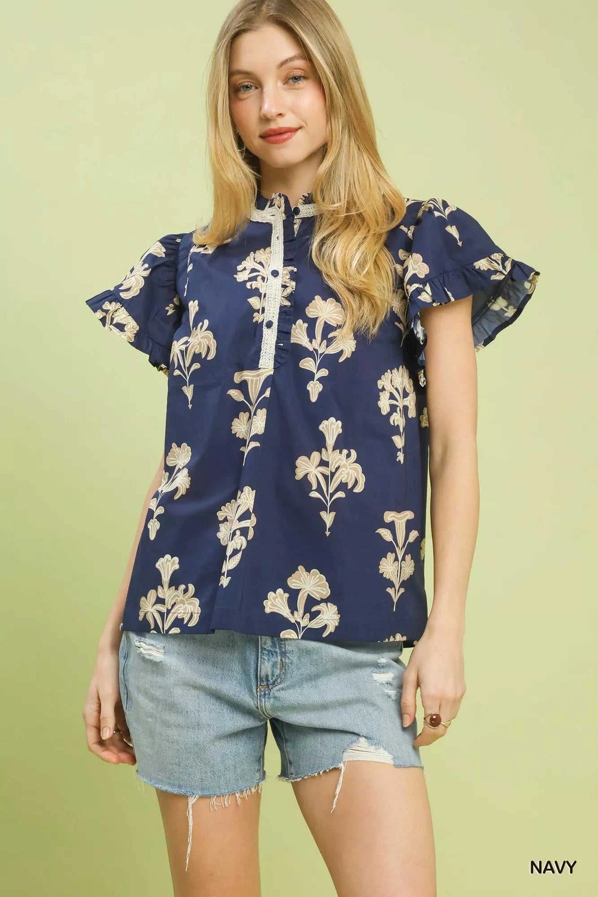 Umgee Floral Ruffle Sleeve Split-Neck Top 100100324221609 47 Affordable Fashion Under $100 Jerry's Apparel 