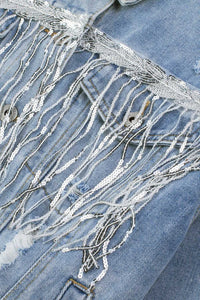 Sequin Fringe Trim Distressed Button Up Denim Jacket 100100307792425 101 Birthday Outfit Ideas Jerry's Apparel 