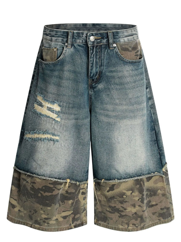 Men's Distressed Camo Panel Denim Shorts