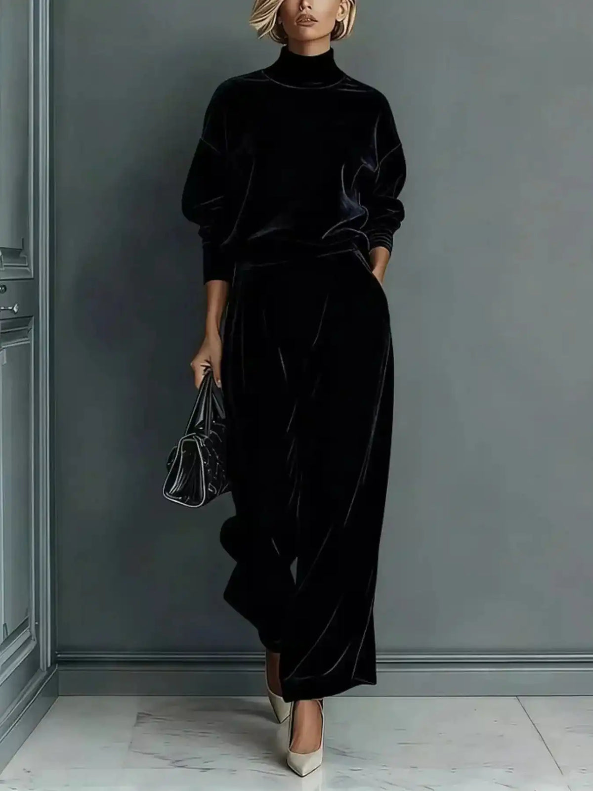 Full Size Elegant Velvet Mock Neck Long Sleeve Top and Wide-Leg Pants Set Plus Size 101001603377263 63 Women's Pants Set Gifts for Her Jerry's Apparel 