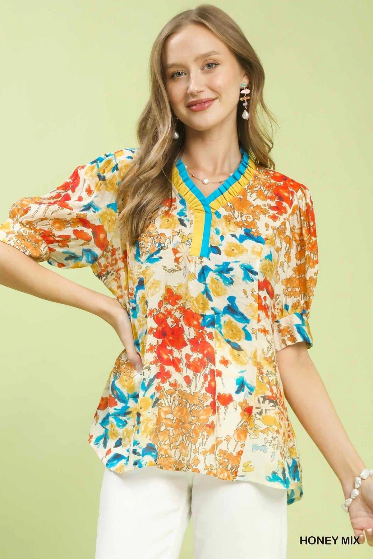 Umgee Floral Contrast Pleat Neck Top 100100333121191 47 Affordable Fashion Under $100 Jerry's Apparel 