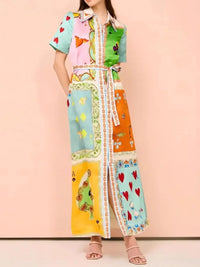 Printed Tie Waist Maxi Shirt Dress