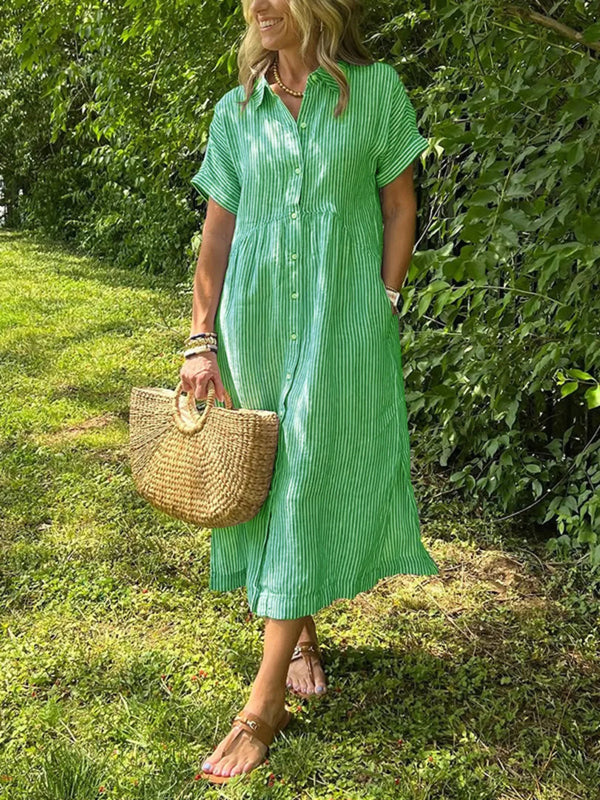 Full Size Striped Button-Front Midi Dress Plus Size