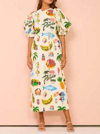 Printed Puff Sleeve Midi Dress