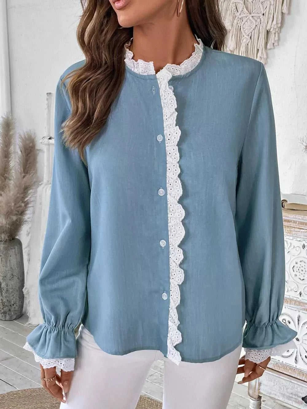 Perfee Lace Detail Button Down Long Sleeve Shirt 100100244411847 35 Affordable Fashion Under $100 Jerry's Apparel 