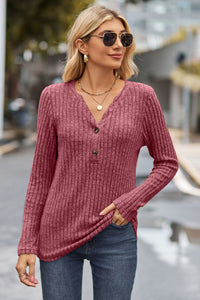 Lovelet Ribbed Half Button Long Sleeve Knit Top